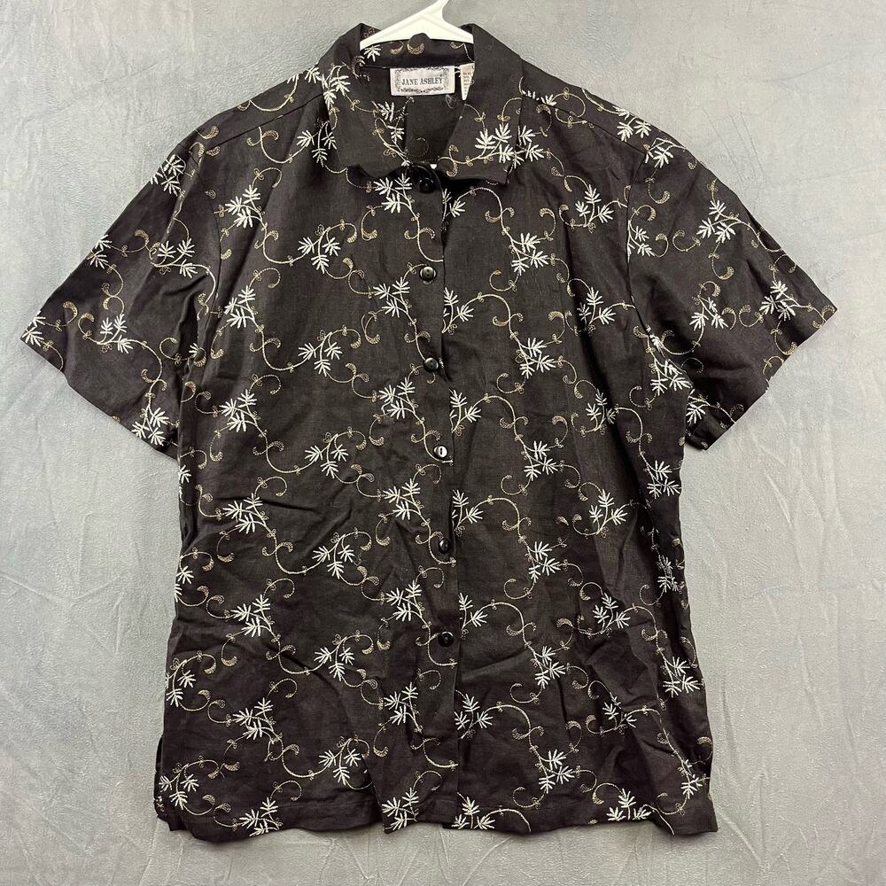 Jane Ashley Linen Shirt Embroidered Button Down Short Sleeve Women's Large